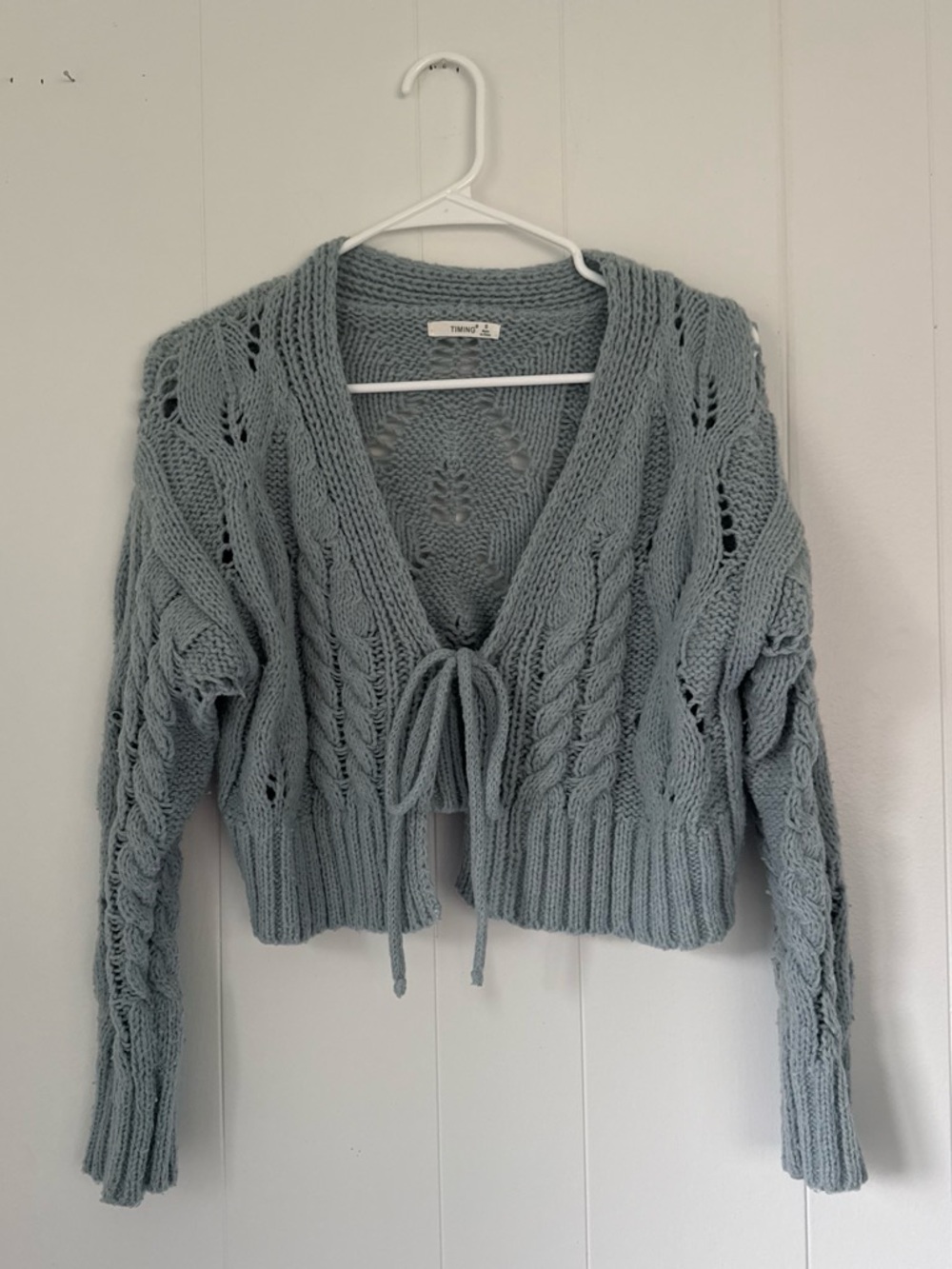Timing Pale Blue Tie-Front Cable Knit Cardigan